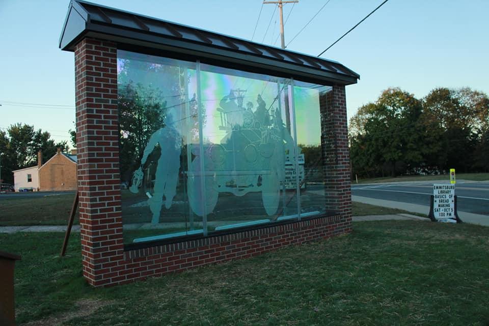 Glass etching &quot;Volunteers&quot; located in front to the Frederick Fire & Rescue Museum 