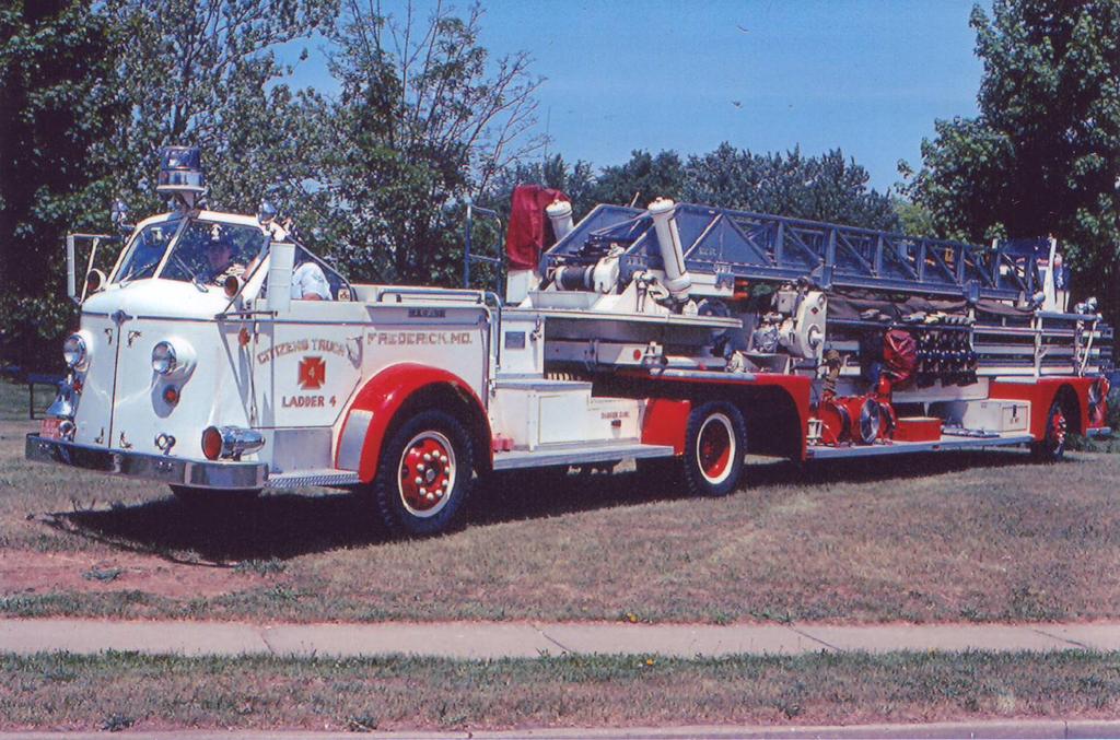 Citizens Truck Co. &quot;Ladder 4&quot; after adding red to the originally all white 1952 American LaFrance &quot;tiller&quot; tractor drawn aerial ladder truck. 